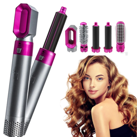 5-In-1 Air Styler Brush - Hair Straightening Airflow Curler Kit with Detachable Brushes - Pink