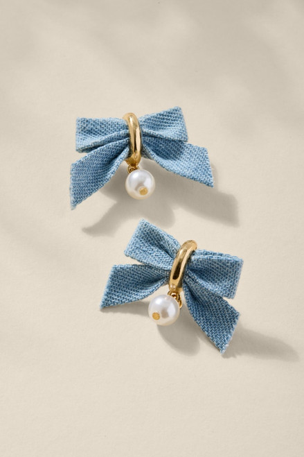Denim Bow Pearl Drop Earrings