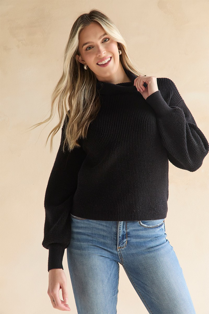 Elaine Balloon Sleeve Turtleneck Rib Knit Pullover