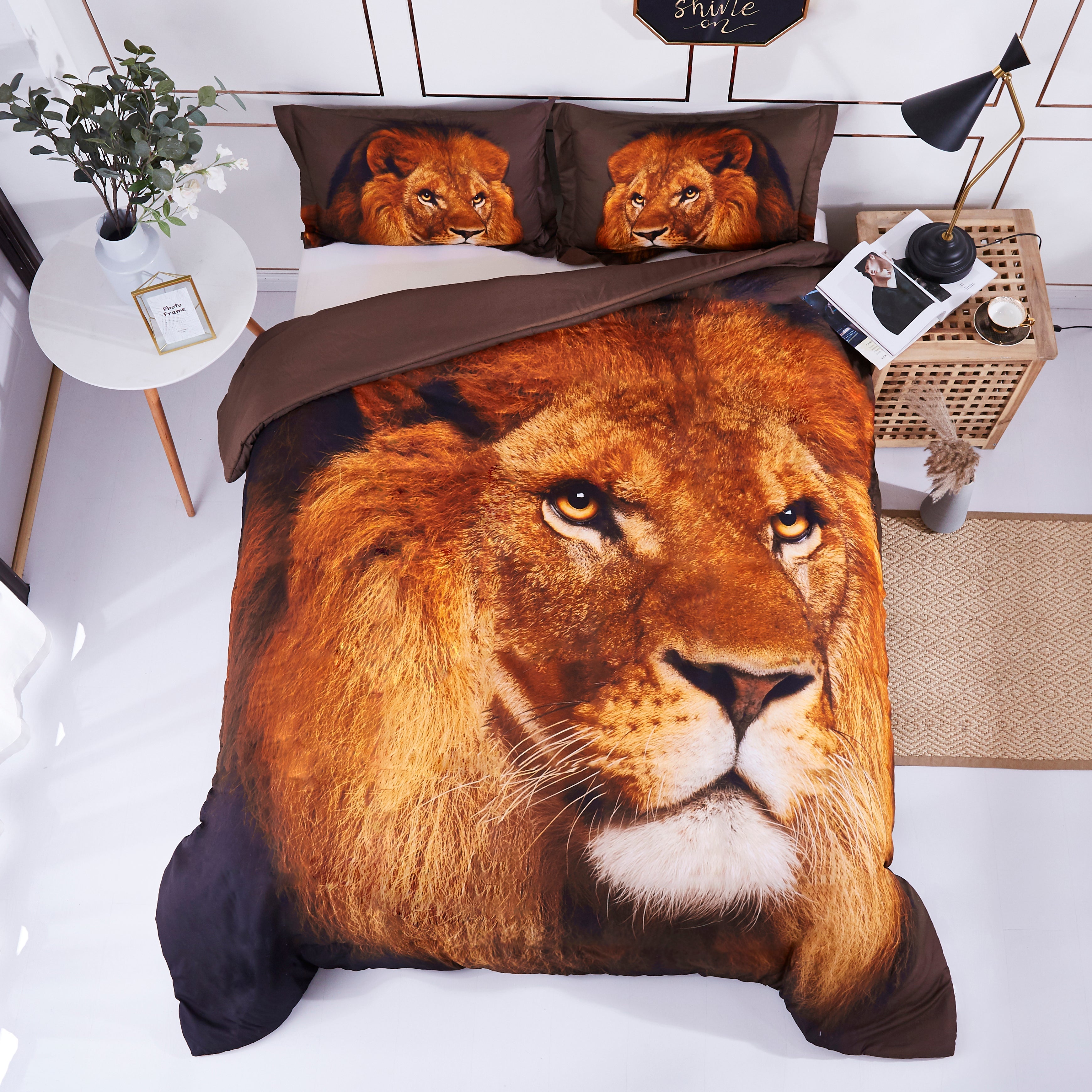 3D Print Duvet Cover Set Twin Lion Head Pattern with Zipper Closure - Machine Washable