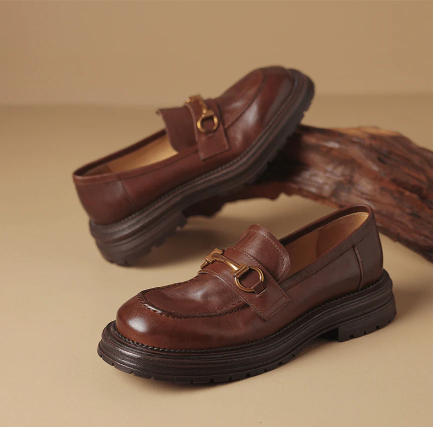 Vintage Horsebit Leather Penny Loafers for Women Slip-On Platform Shoes in Dark Brown/Dark Khaki