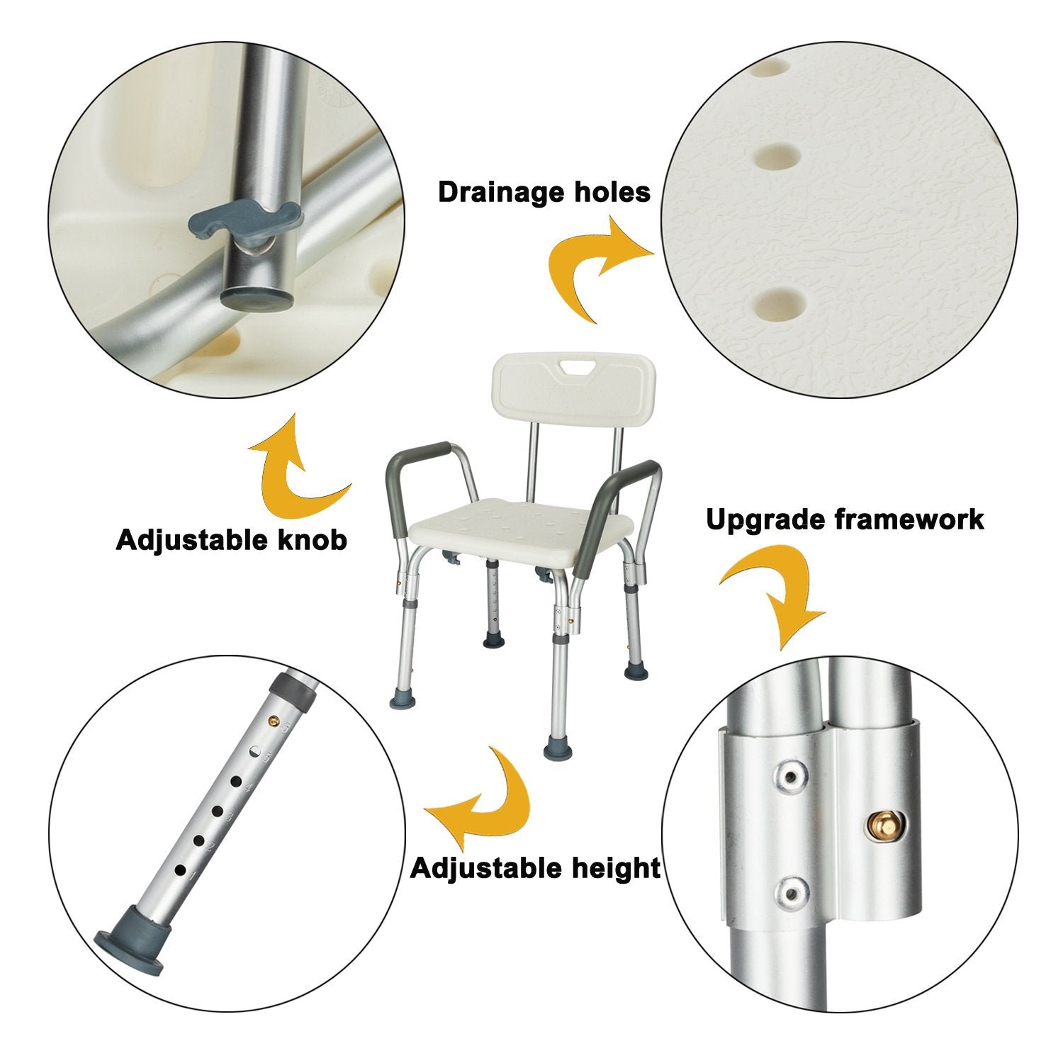 450lbs Shower Chair Bath Chair With Safety Steel Fram No-Slip Adjustable Bathroom Bathtub Chair With Durable Back and Arms