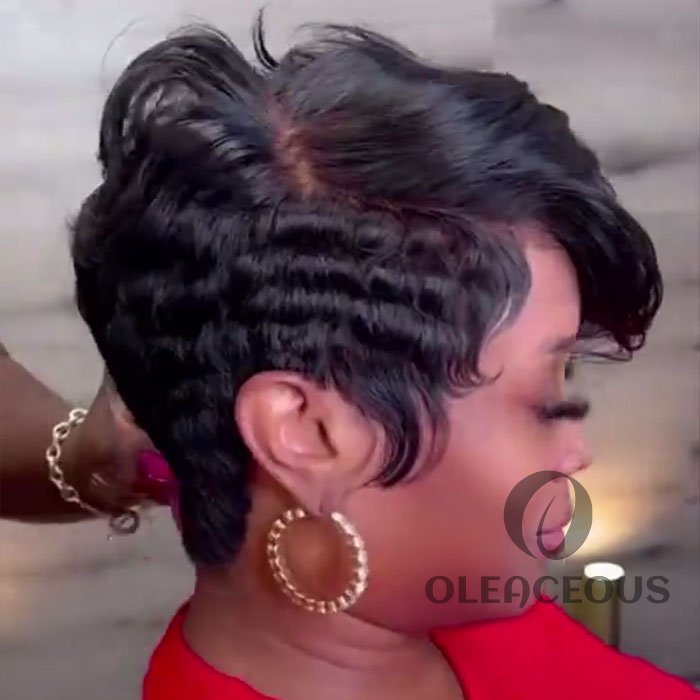 Short Pixie Cut Curly Wave Wig with Bang 360 Lace Glueless Wigs