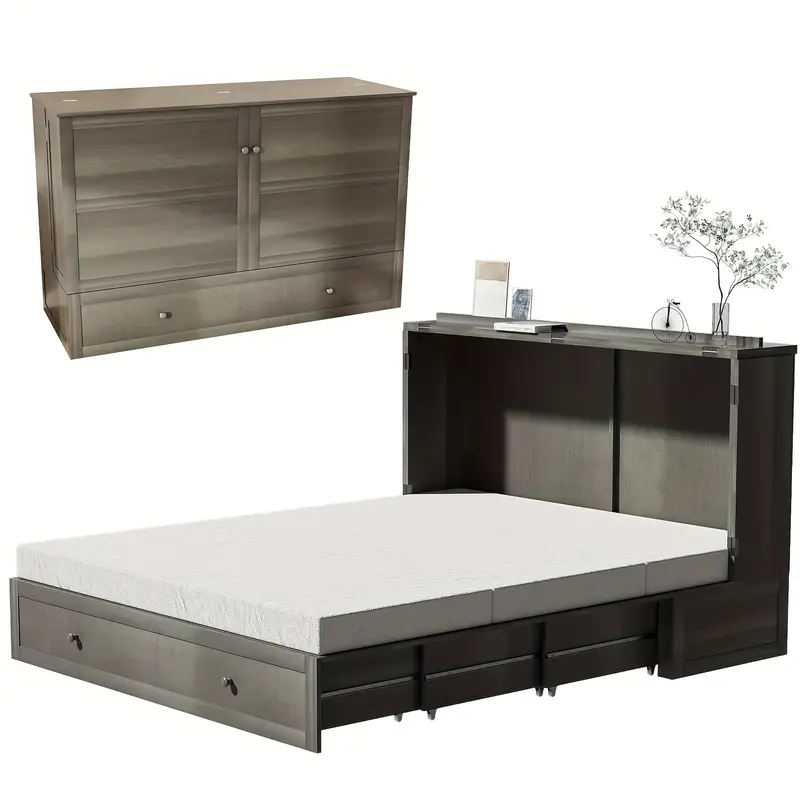 Queen Murphy Bed, with Charging Station & Storage Drawers, Mobile Bed Cabinet with Foldable Mattress