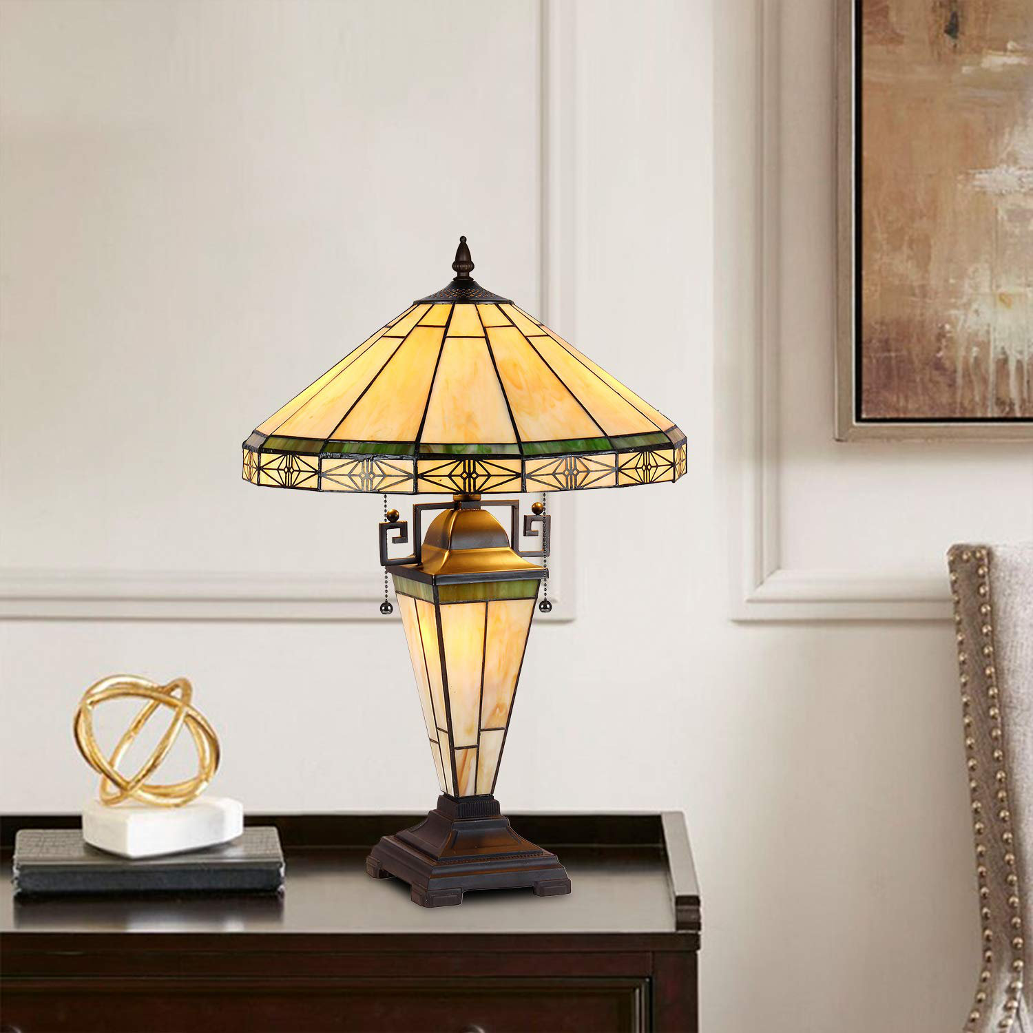 Tiffany Large Table Lamp 3-Light With Nightlight Mission Rustic Style Desk Light Decor