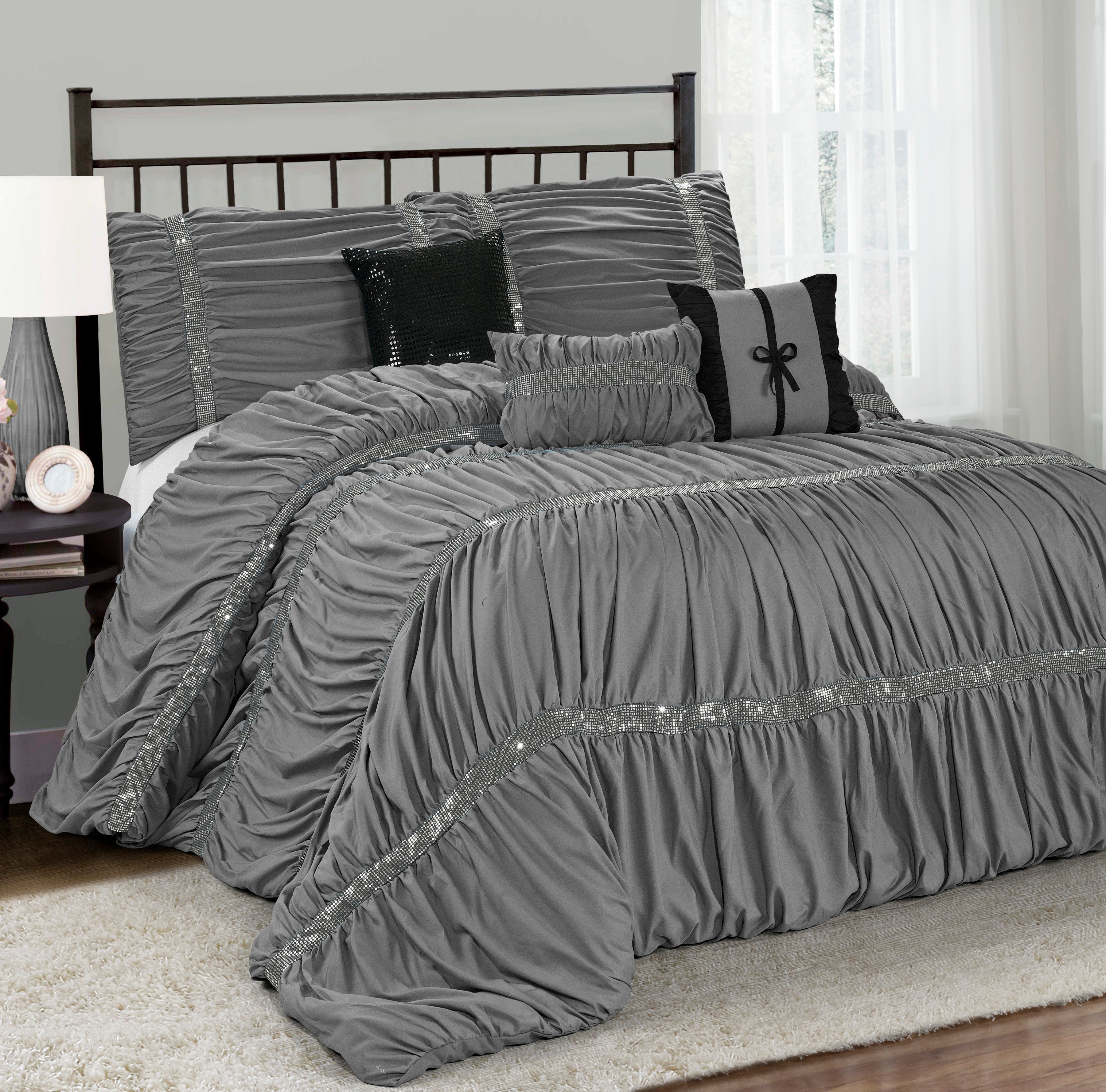 7 Piece Microfiber Ruffles Sequins Embroidery Bed In A Bag Comforter Set-Claraita