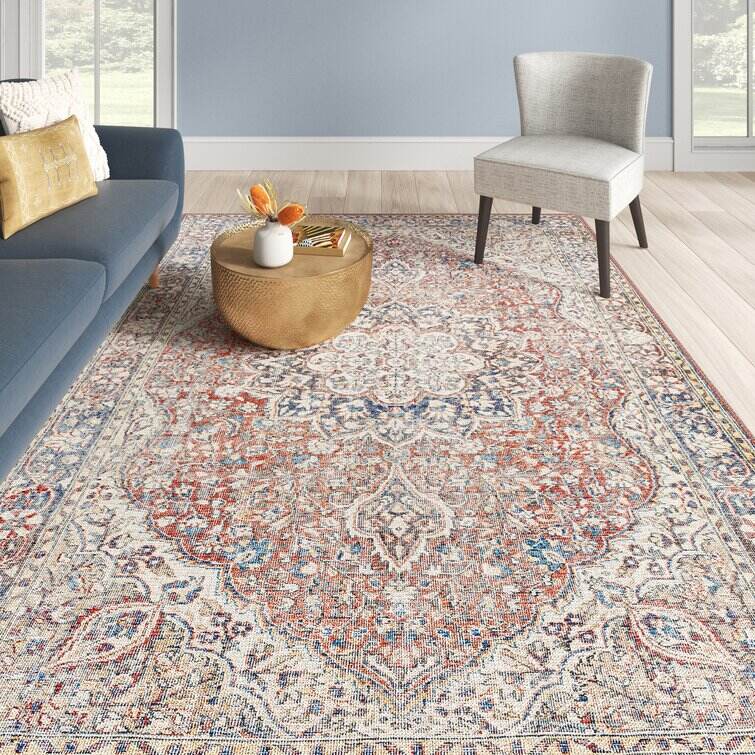 Bria Machine Washable Oriental Red/Blue/Ivory Area Rug