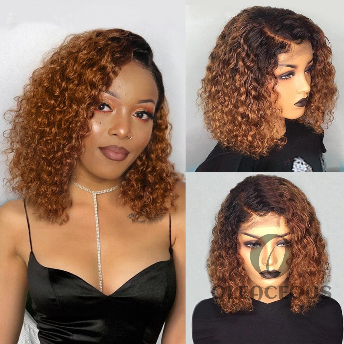 Black Gradient Light Brown Short Curly Hair Wig Brazilian Bob Wigs