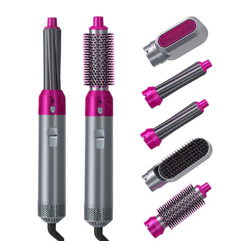 5-In-1 Air Styler Brush - Hair Straightening Airflow Curler Kit with Detachable Brushes - Pink
