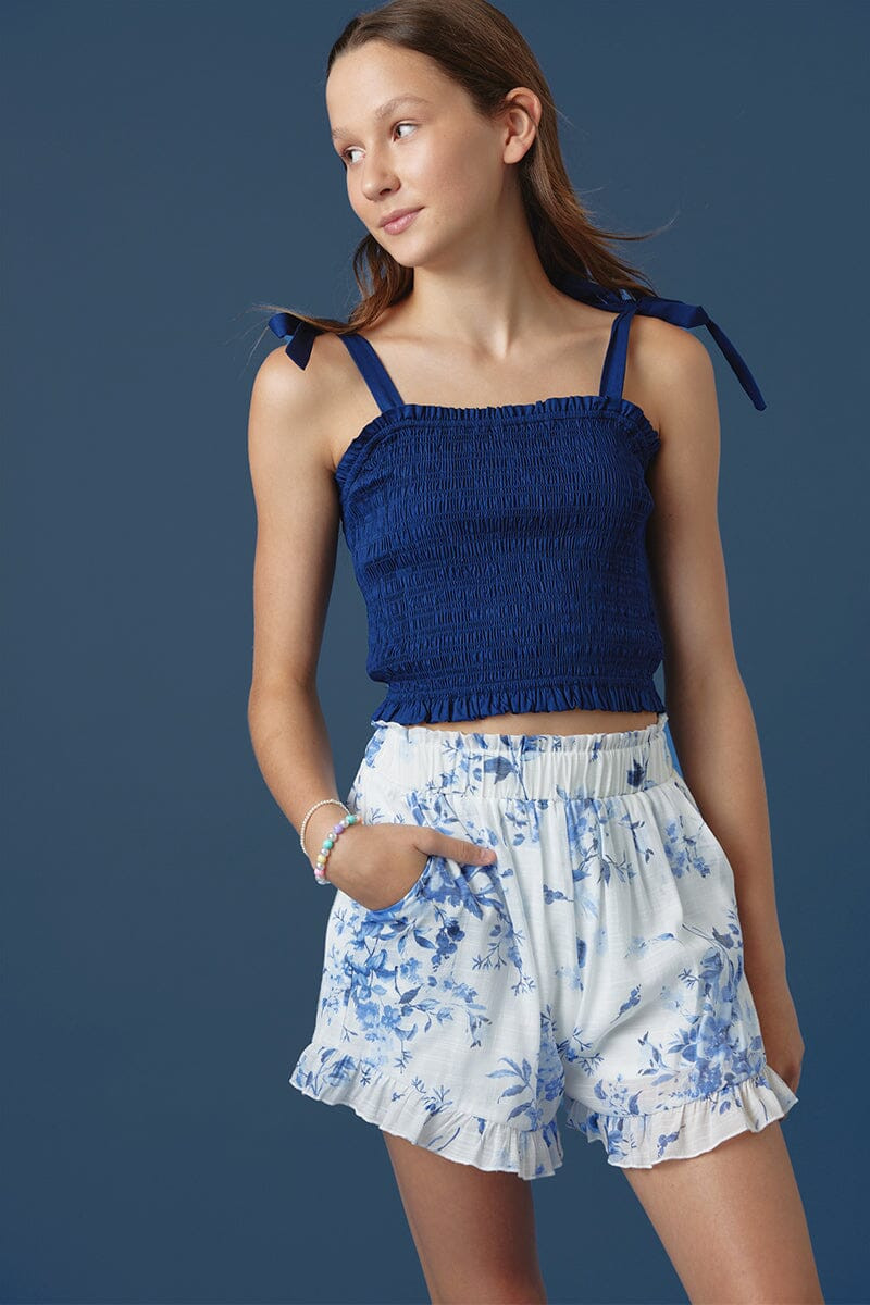 Hello Franki Tie Strap Smocked Crop Top for girls