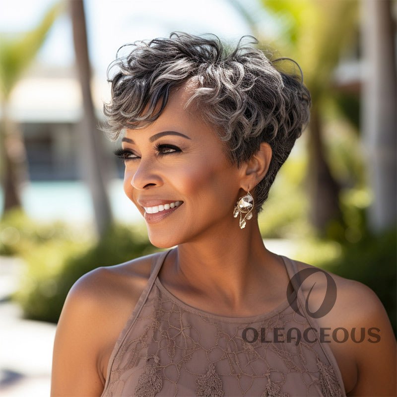 Salt & Pepper Color Custom Edgy Pixie Cuts Wig With Natural Wave Bangs Glueless  Hair Wigs For Mom