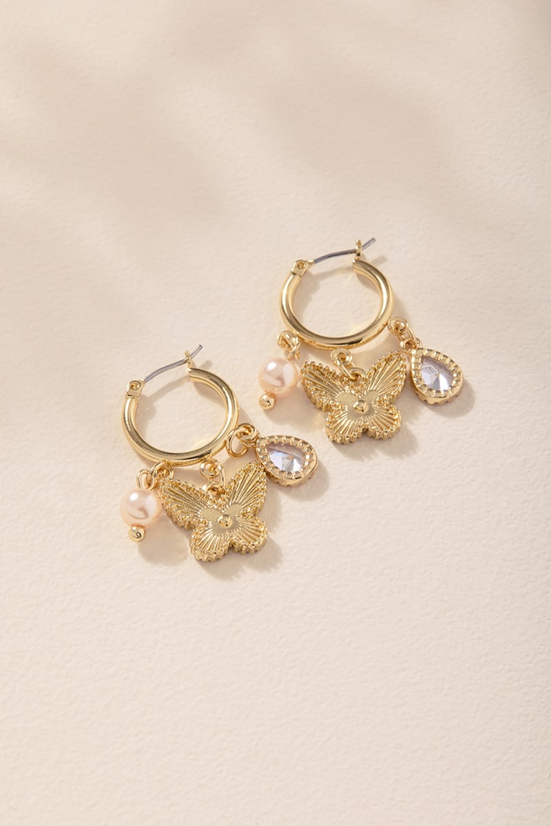 Samantha Butterfly and Pearl Charm Hoop Earrings