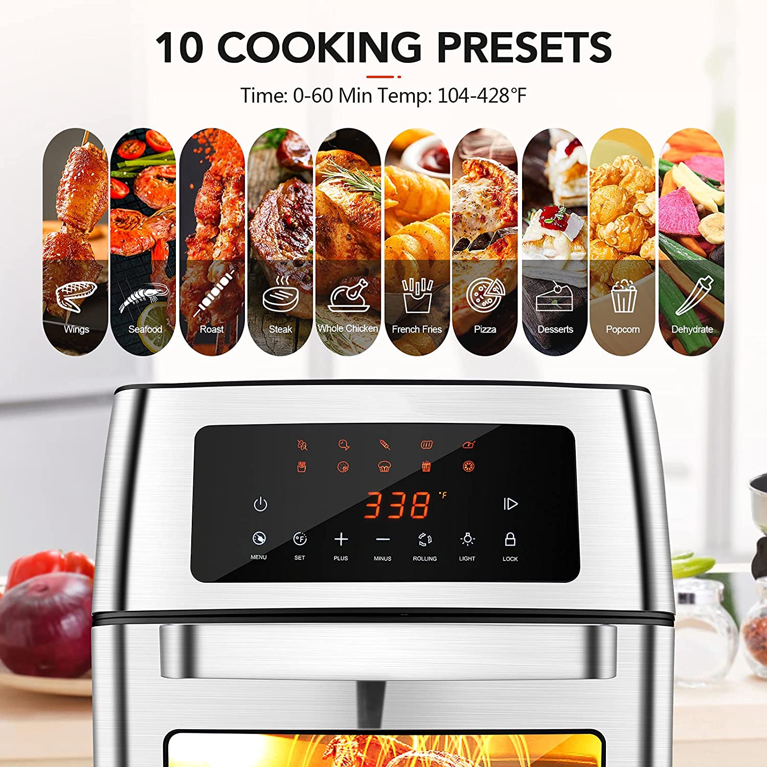 Air Fryer Toaster Oven Combo 16 Quart, 1500W Countertop Convection Roaster with 10 in 1 Smart Cook Presets, Rotisserie, Dehydrator, Rolling Lock Function with 5 Accessories Auto Shut Off
