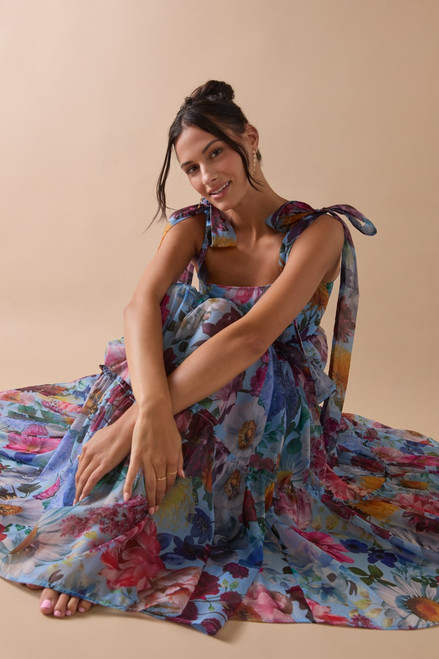 Alahna Tie Strap Light Blue Floral Maxi Dress