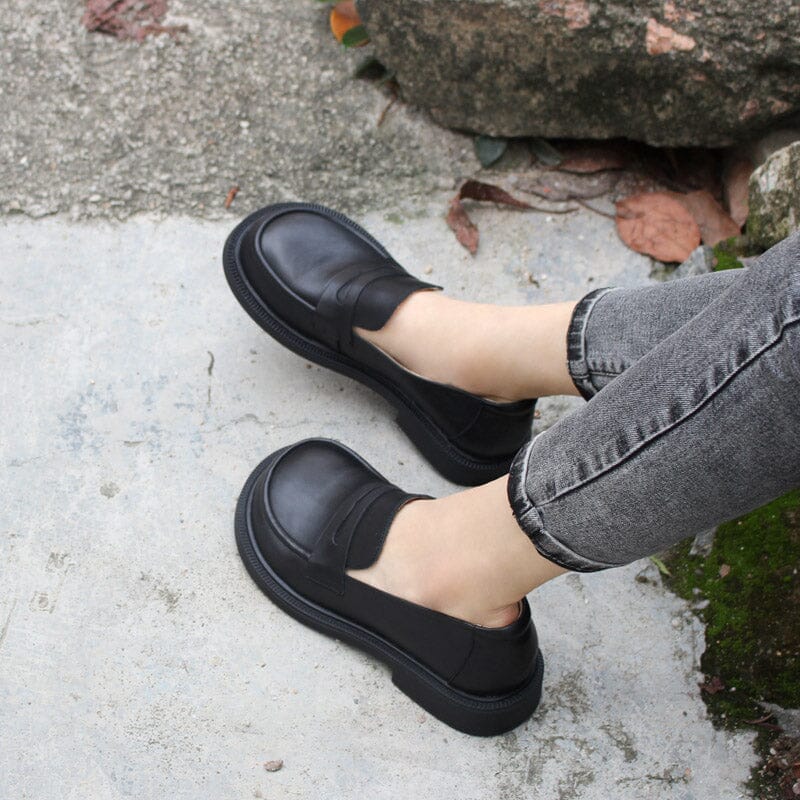 Wide Fit Big Toe Full Grain Leather Penny Loafers Handmade Uniform Shoes in Black/Coffee