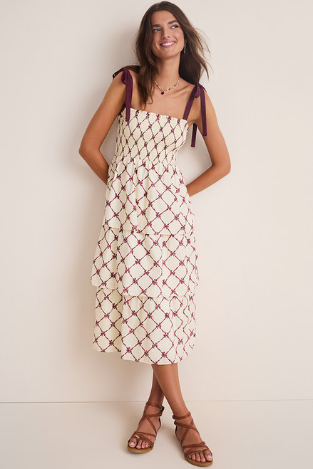 Angie Bow-Print Smocked Tiered Midi Dress