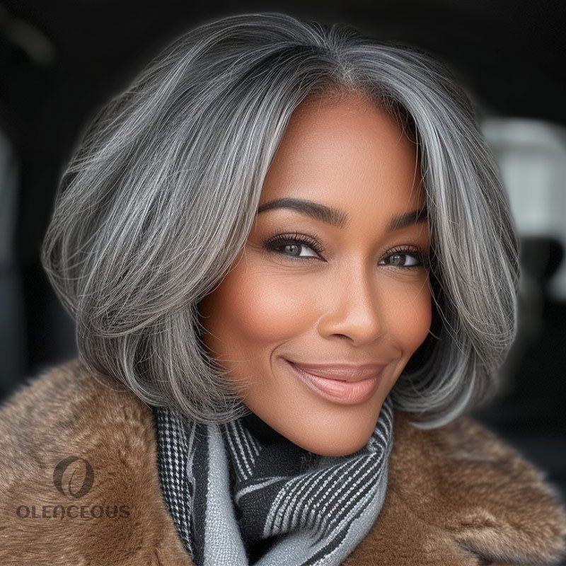 Classic Women's Hairstyle Salt and Pepper Straight Bob Real  Hair Wear Go Glueless Lace Wigs For Mom