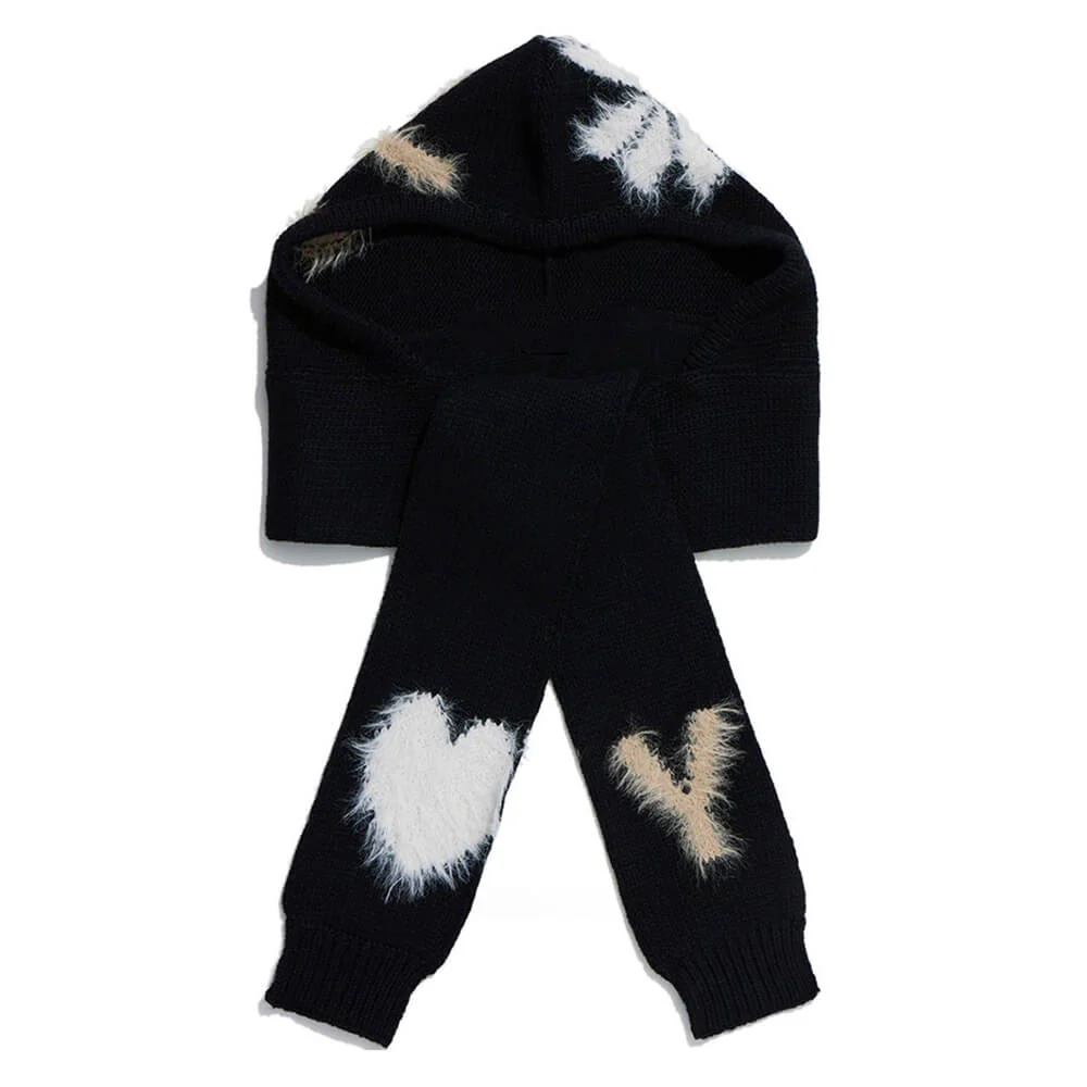 Fuzzy Heart Knit Hooded Scarf