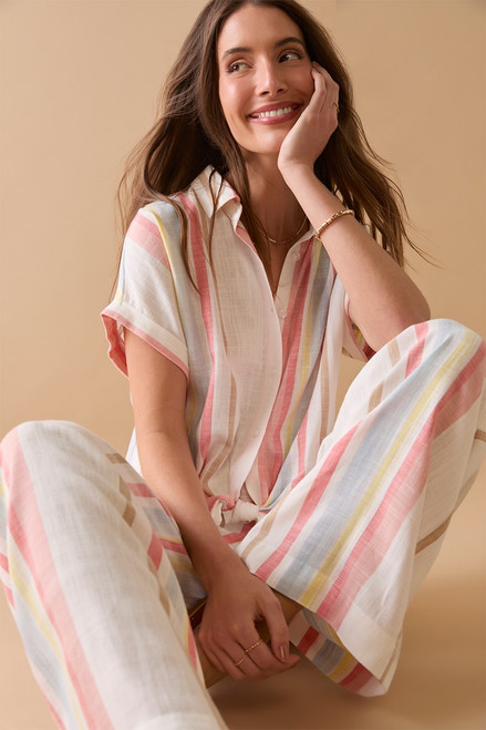 Ariella Striped Linen Tie Front Button Down