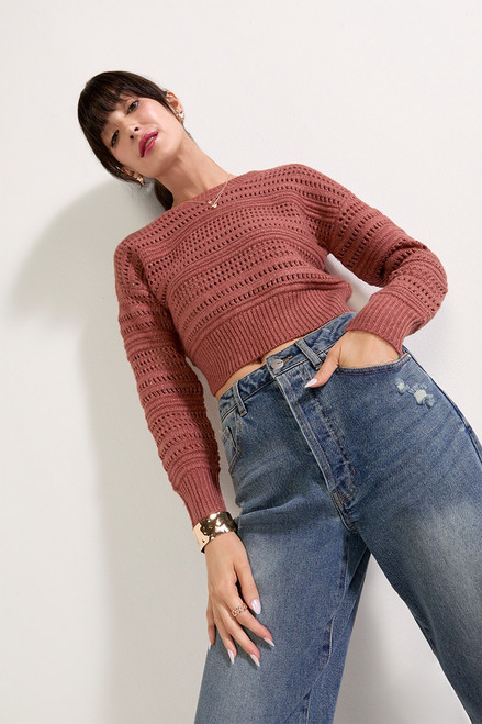 Clarissa Crewneck Pointelle Crop Pullover Rust