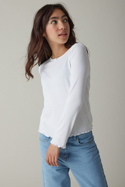 Hello Franki Everly Long Sleeve Lettuce Edge T-Shirt for girls White