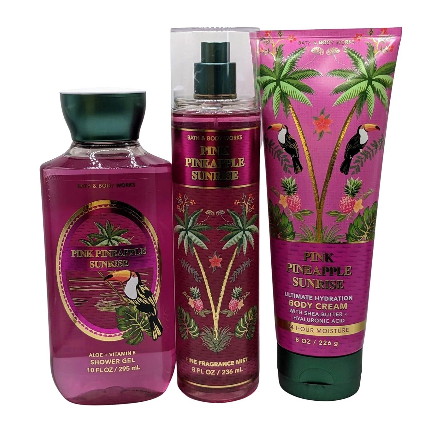 Bath & Body Works – Pink Pineapple Sunrise - 3 pc Bundle - Fine Fragrance Mist, Ultimate Hydration Body Cream and Shower Gel - Spring 2022