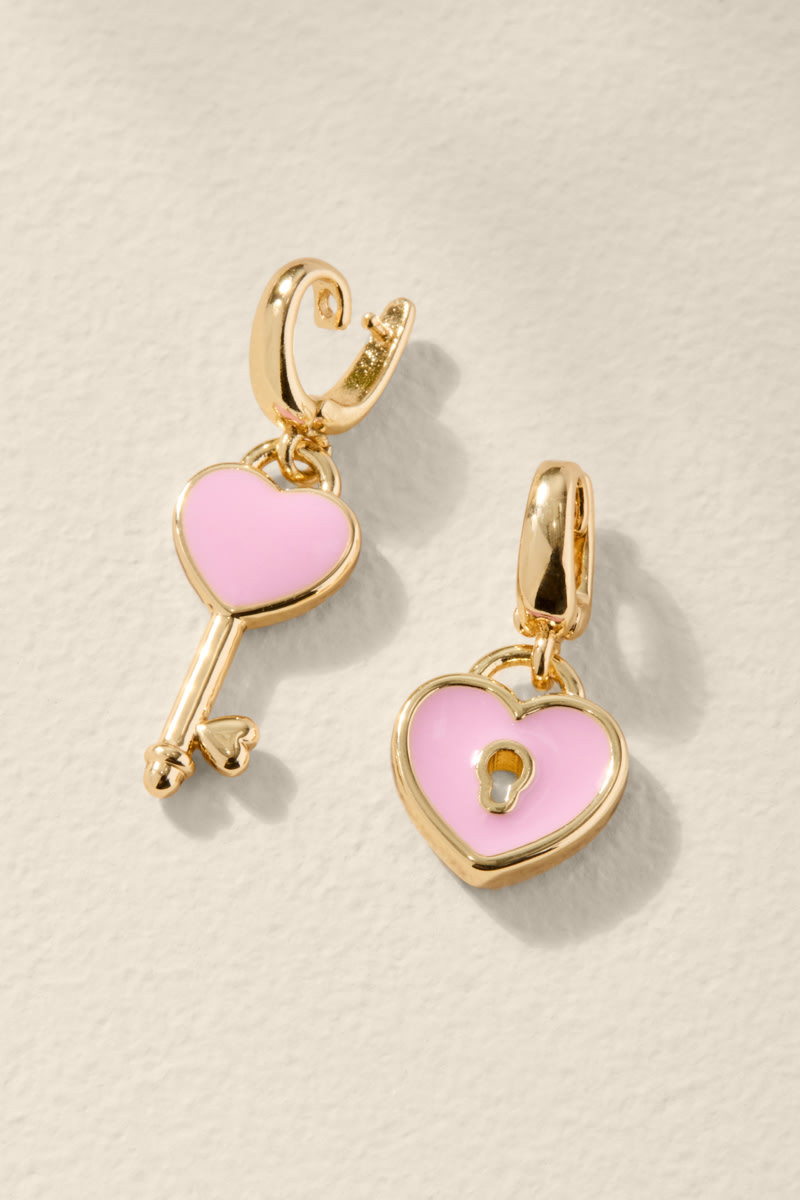 Pink Lock and Key Gold Charm Set