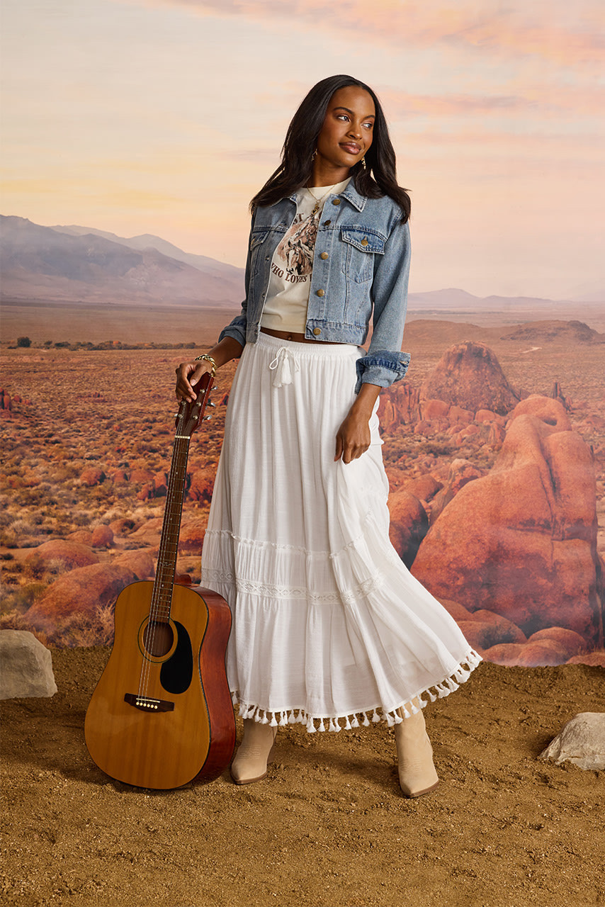 Allie Tassle Hem Tiered Maxi Skirt