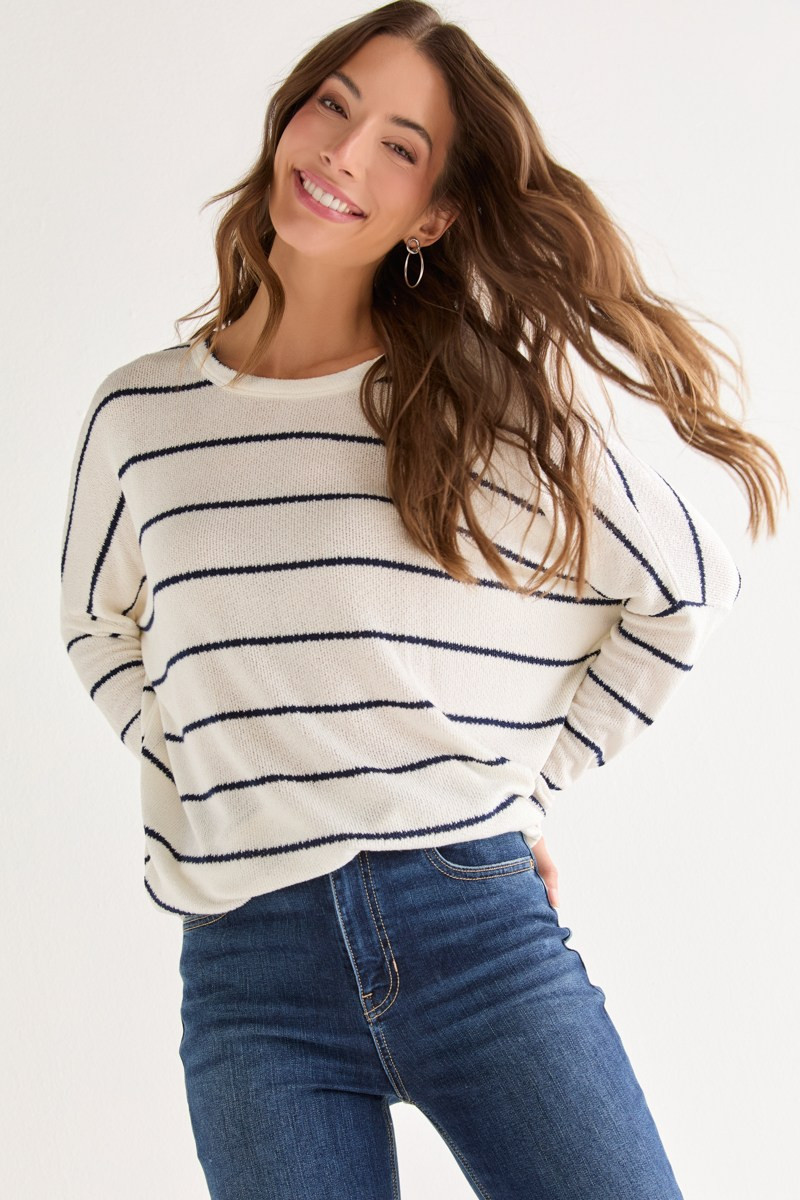 Candice Striped Long Sleeve Dolman Knit Top Ivory