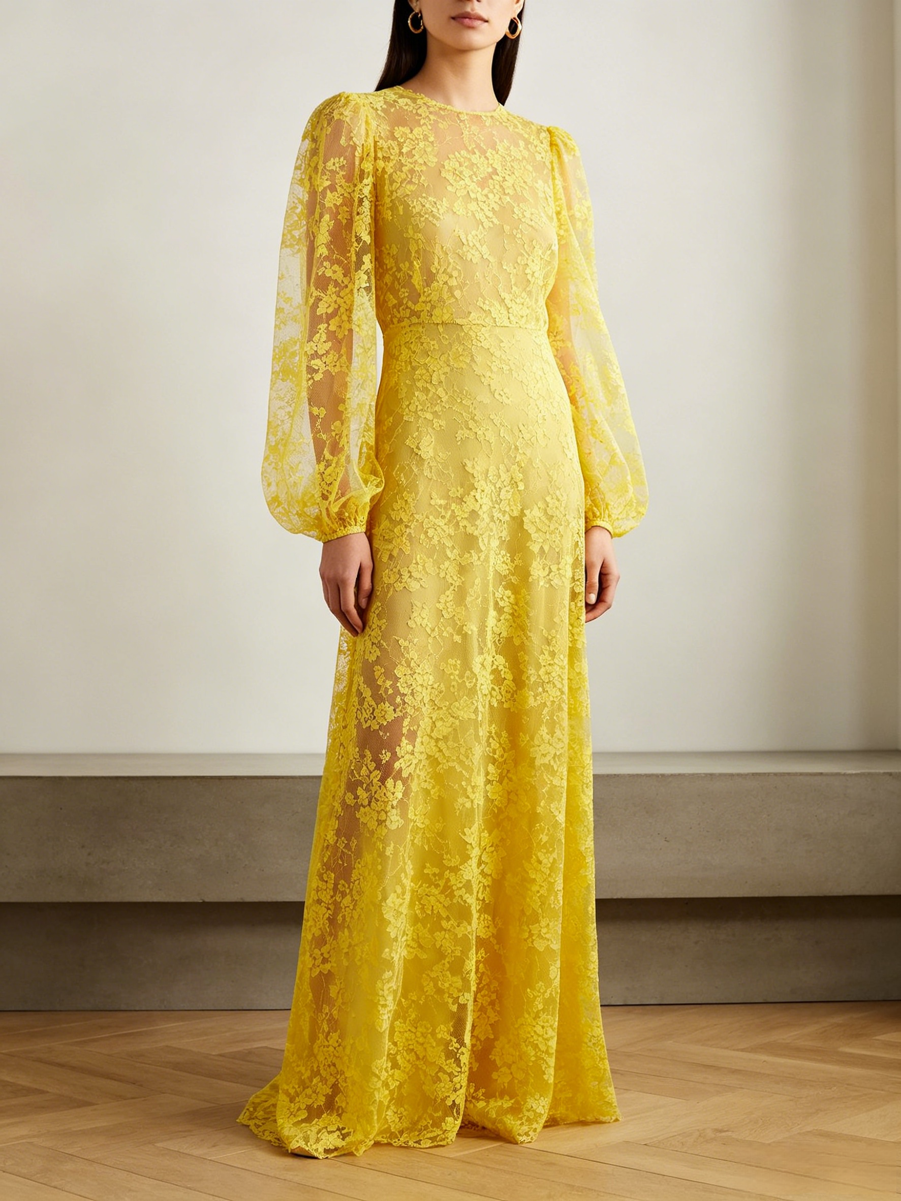 Yellow Sheer Lace Sleeve Maxi Dress