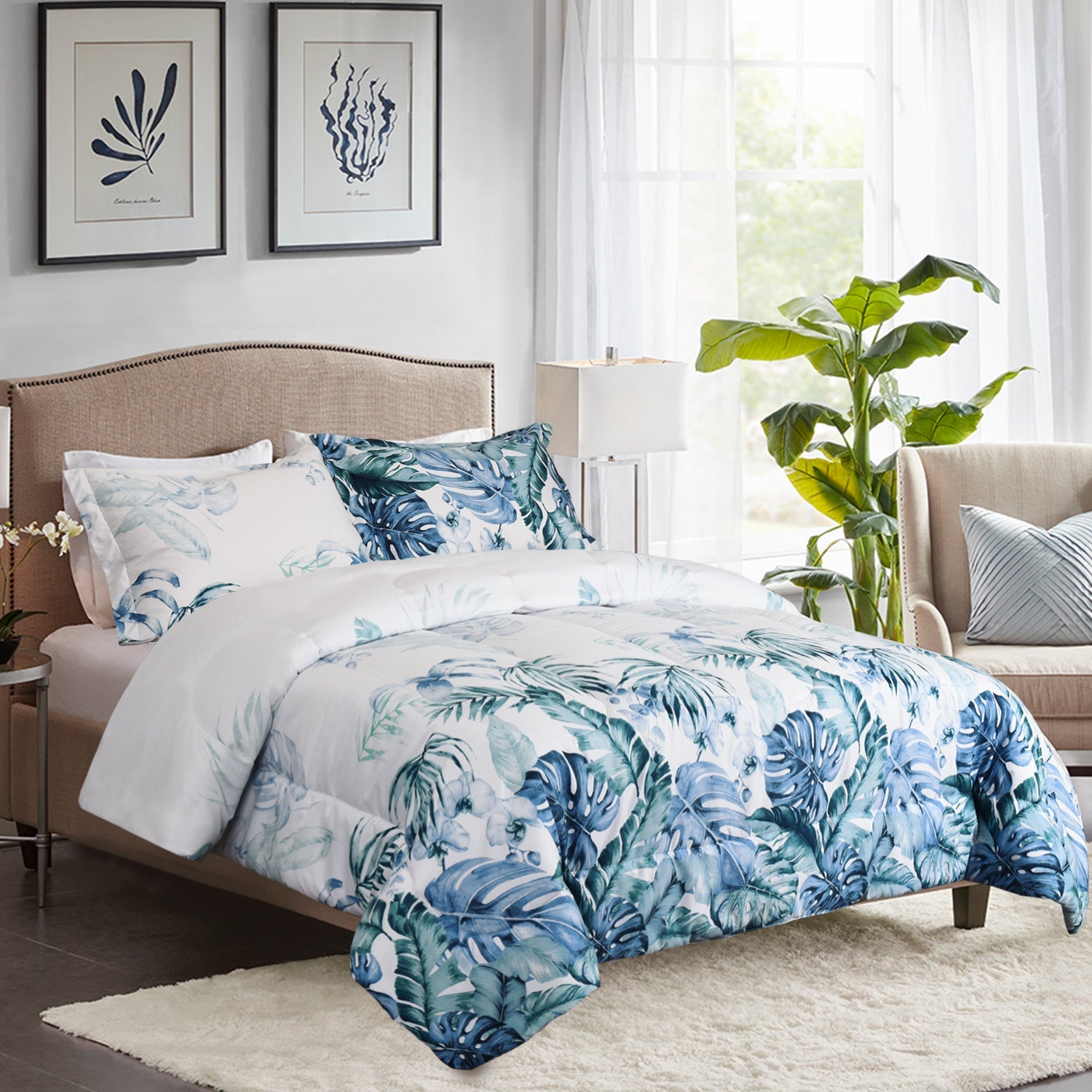 HIG 3 Pieces Botanical Theme Printed Comforter Set with Tropical Monstera, King