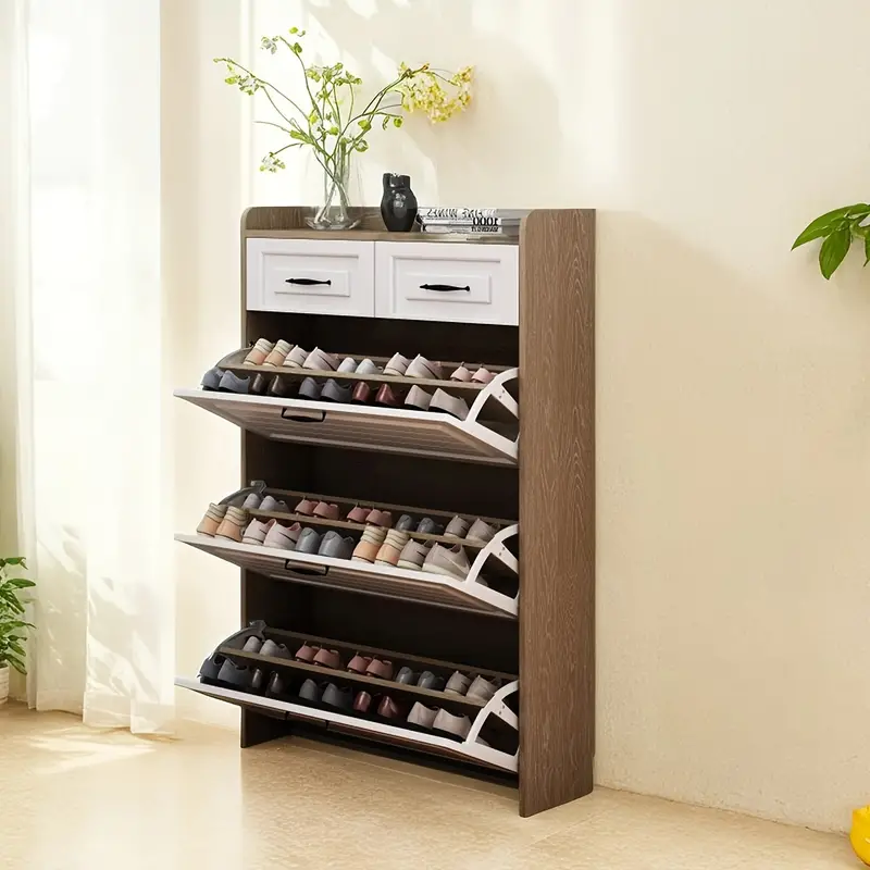 1set Narrow Shoe Cabinet With 3pcs Doors And 2pcs Drawers, Wooden Hallway Shoe Cabinet, White Flip-style Shoe Rack