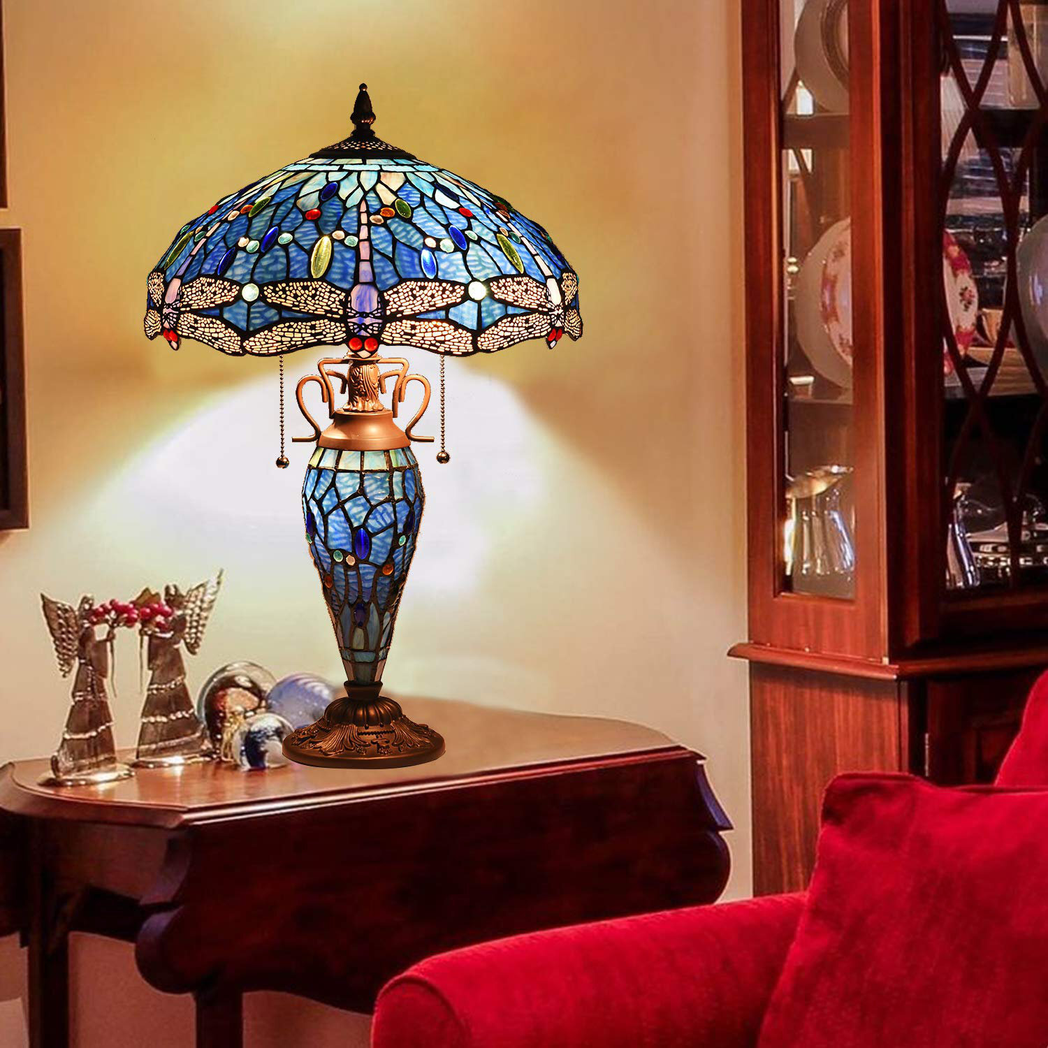 Dragonfly Style Tiffany Large Table Lamp 3-Light With Nightlight Rustic Antique Desk Light