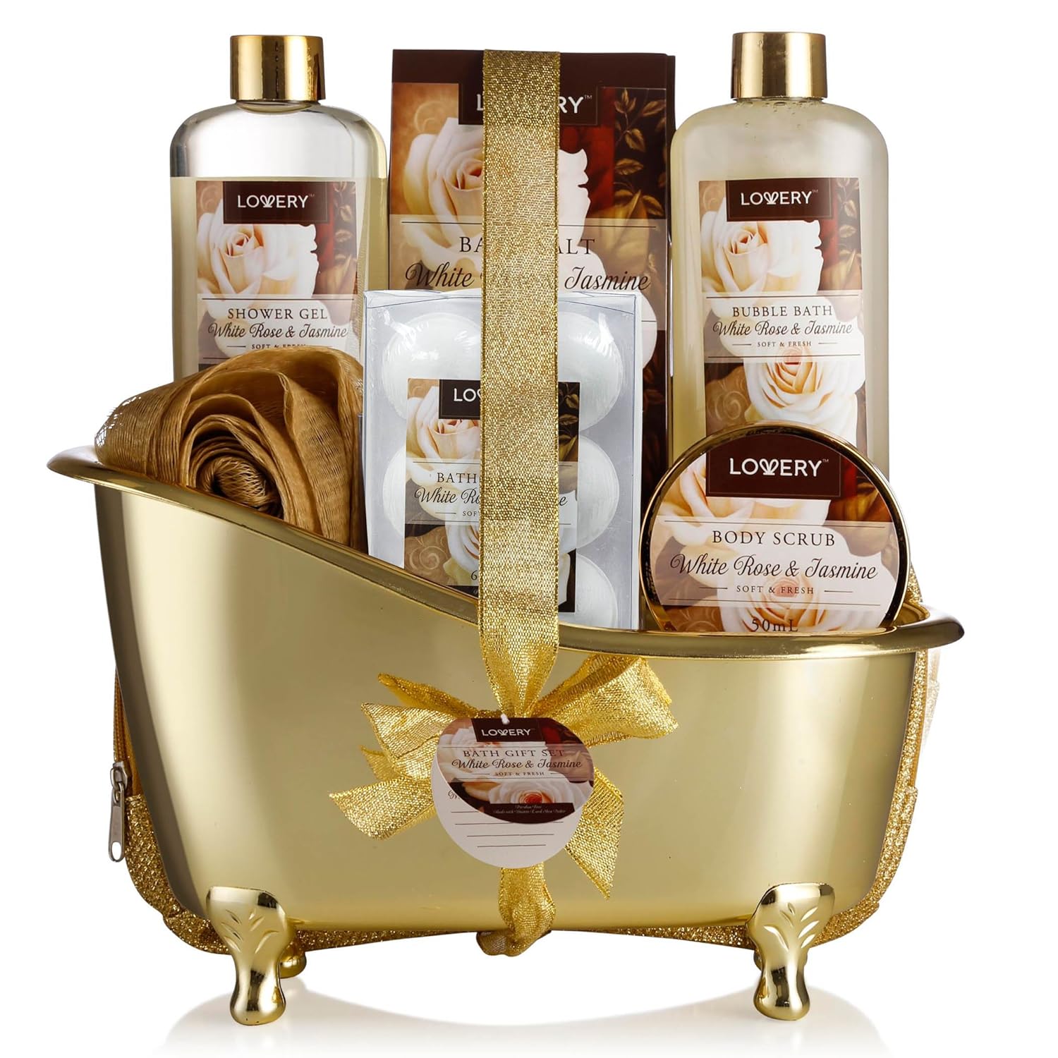 Christmas Gifts, Home Spa Gift Basket, Luxury 13pc Bath & Body Set For Men & Women, White Rose & Jasmine Scent - Shower Gel, Bubble Bath, Body Scrub, Salts, 6 Bath Bombs, Pouf, Cosmetic Bag & Gold Tub