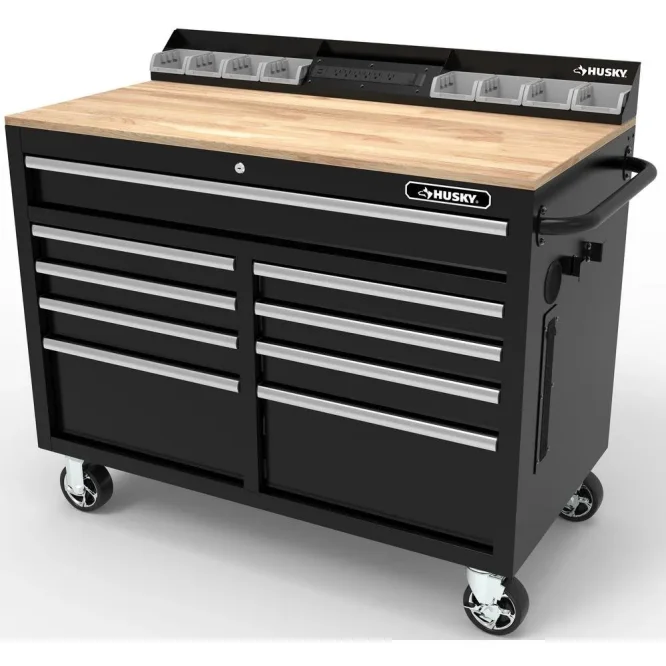 Husky 46 in. W x 24.5 in. D 9-Drawer Gloss Black Deep Tool Chest Mobile Workbench with Hardwood Top and Power Stations