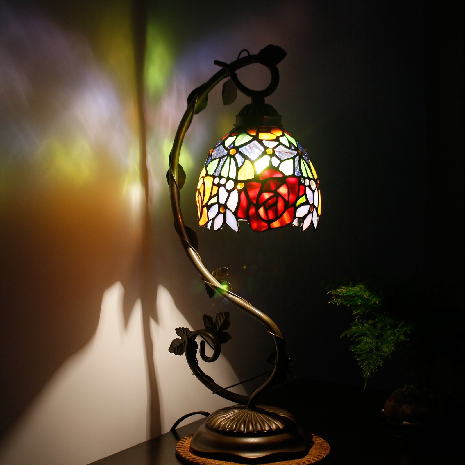 Bedside Table Lamp - World Menagerie Tiffany Style Stained Glass Lamp, Red Rose Nightstand Reading Desk Light W6H22 Inch S001, Lover Girlfriend Women Kid's Living Room Bedroom Office Coffee Bar Craft Gift