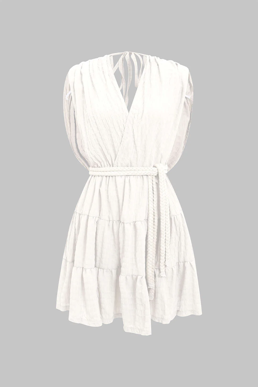 V-Neck Belted Ruched Tie-Up Sleeveless Mini Dress