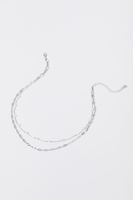 Melissa Layered Chain Link And Pearl Station Silver Necklace