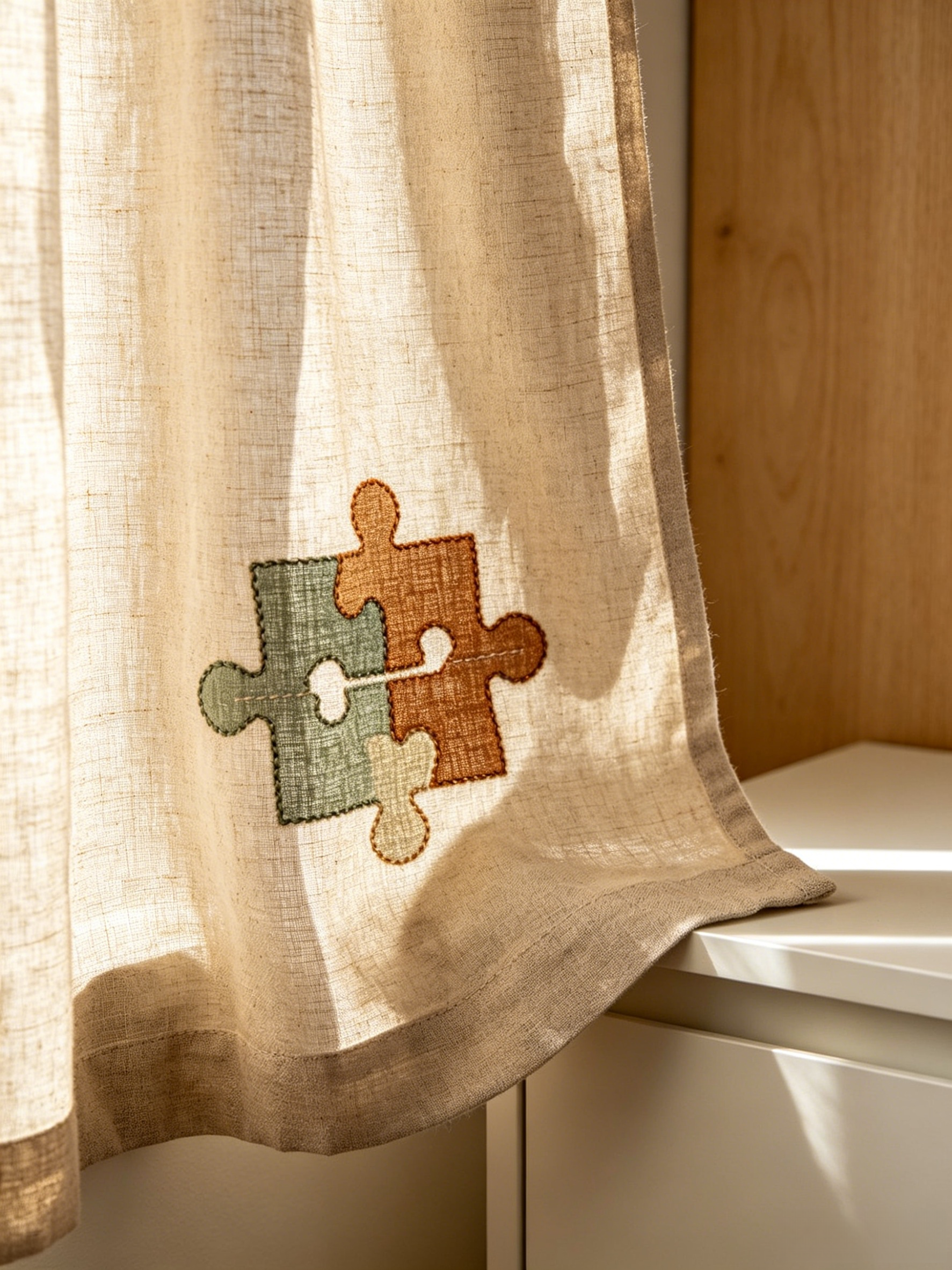 Jigsaw Embroidery Linen Blend Curtain, Single Panel