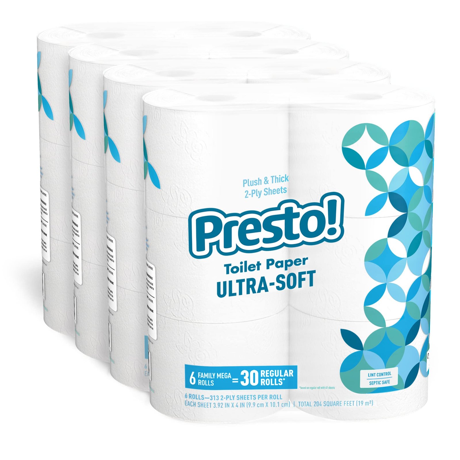 Amazon Brand – Presto! 2-Ply Toilet Paper, Ultra-Soft, Unscented, 24 Rolls (4 Packs of 6), Equivalent to 120 regular rolls