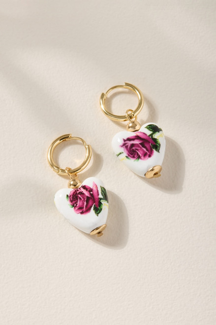 Ally Ceramic Rose Heart Huggie Earrings