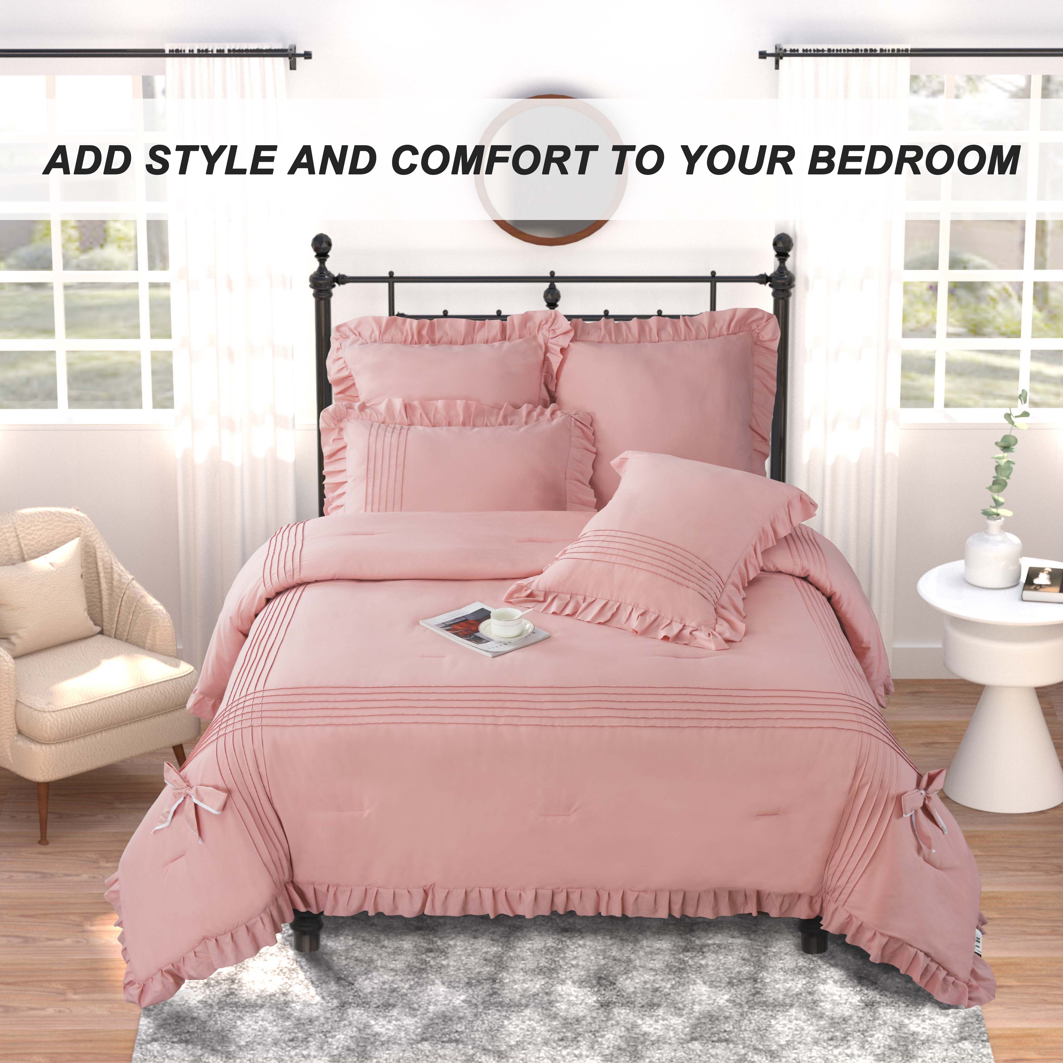 HIG 5 Pieces Chic Pleated Comforter Set with Handmade Ruffles,Princess Vintage Bed Set with Adorable Bow Tie, Modern Farmhouse Down Alternative Bedding Set