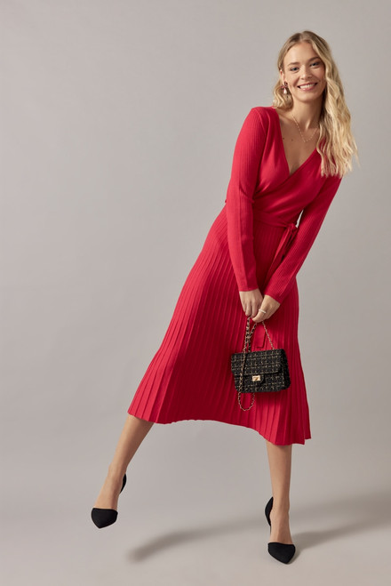 Eleanor Tie Waist Wrap Sweater Midi Dress Red