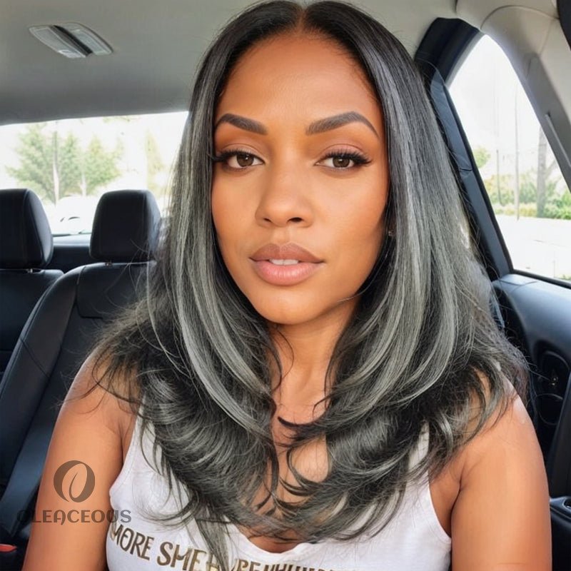 Salt & Pepper Layered Cut | Natural Wavy Curtain Bangs  Hair 5x5 Lace Closure Wig