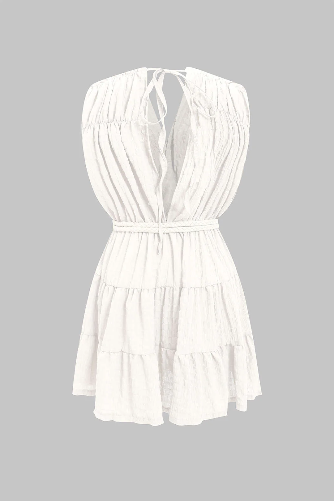 V-Neck Belted Ruched Tie-Up Sleeveless Mini Dress