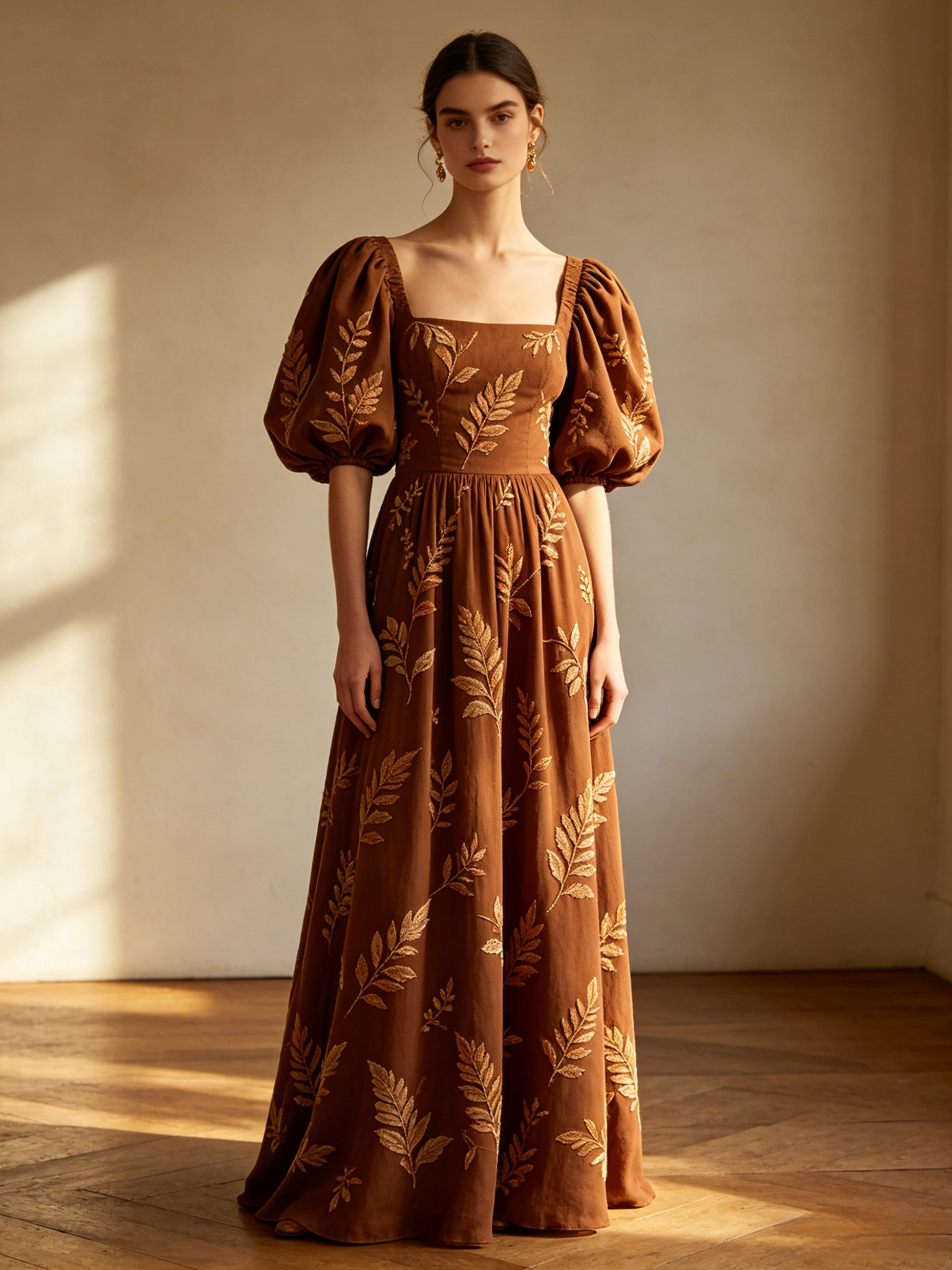 Brown Leaf Embroidered Puff Sleeve Maxi Dress