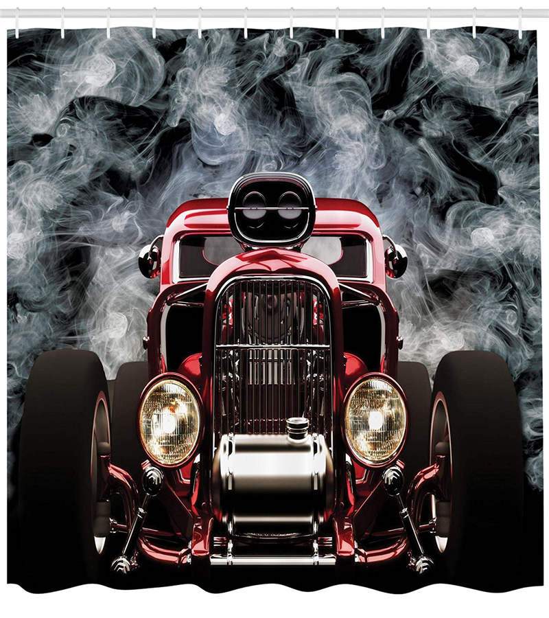 Classic Car Shower Curtain Cool Vintage Vehicle with Smokes Background Speed Excitement Themes Pale Grey Black Red