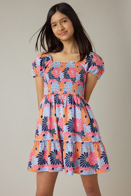 Hello Franki Short Sleeve Smocked Tiered Dress for girls Multi