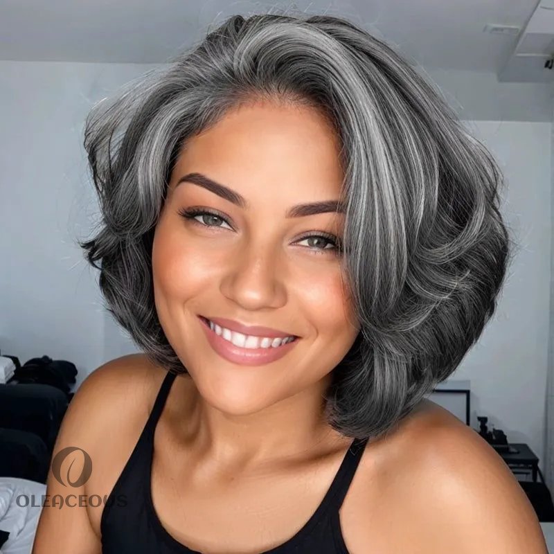 Salt and Pepper Short Bob Wigs Straight  Lace Front/Closure Wigs