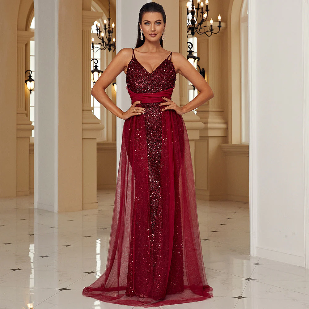 Sleeveless Elegant Long Sequined Lace V neck Backless Cocktail Evening Bridesmaid Dress Maxi